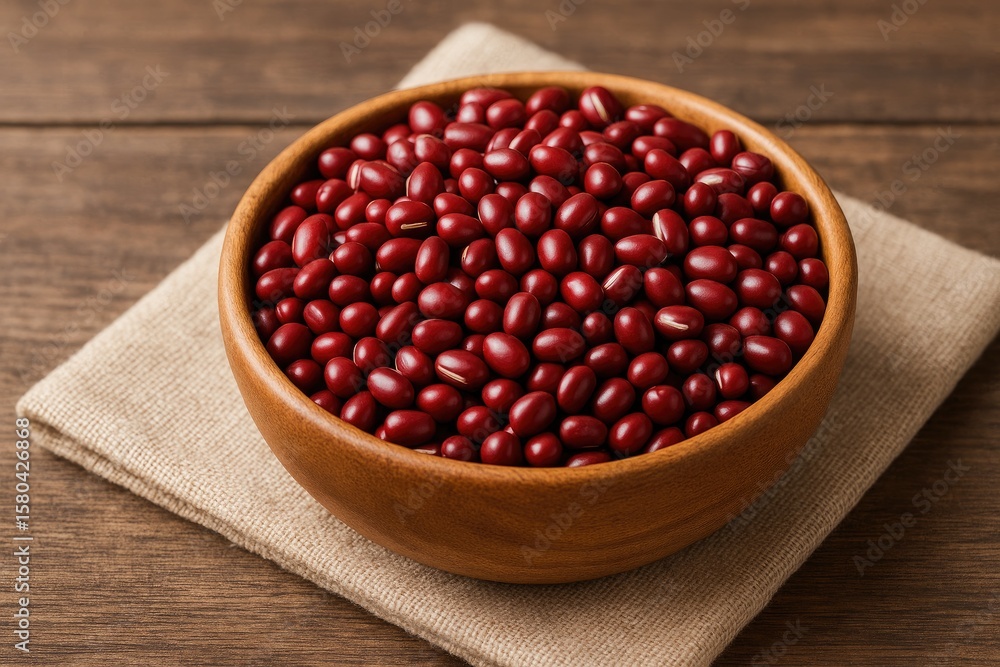 A bowl of red beans placed on a cloth with a wooden surface in the background A bowl of red beans placed on a cloth with a wooden surface in the background