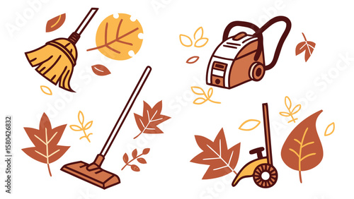 Illustration of cleaning equipment with a broom, vacuum, and leaf blower surrounded by leaves