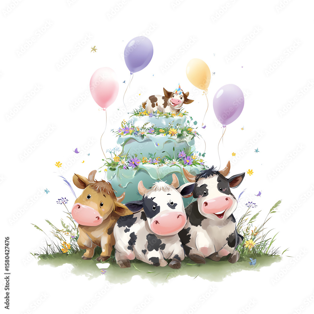Fototapeta premium Cute cows celebrating with a birthday cake.
