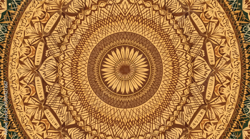 Beautifully detailed wooden carving of a geometric floral mandala with traditional ornamentation.