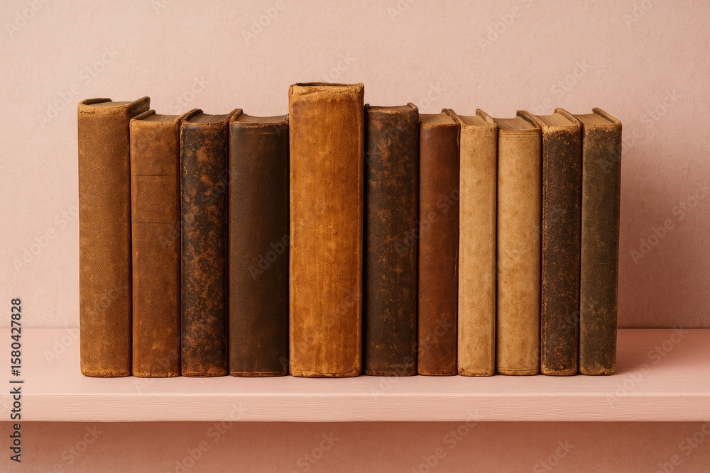 Naklejka premium Stack of vintage books on a pink shelf with a square backdrop