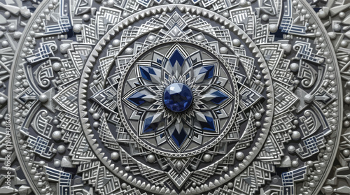 Intricate metallic mandala design with blue gemstone center and elaborate patterning.