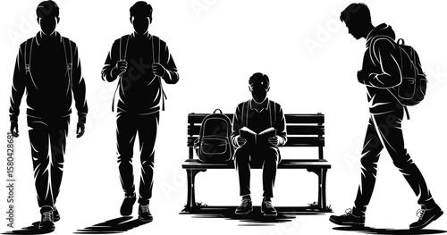 Teenager silhouette vector set of boys with backpack in walking, reading, and sitting on bench poses