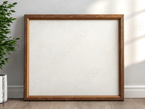 Blank Canvas in a Brown Wooden Frame Against a White Wall