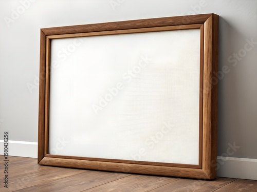 Empty White Canvas in Brown Wooden Frame on Wooden Floor Against White Wall