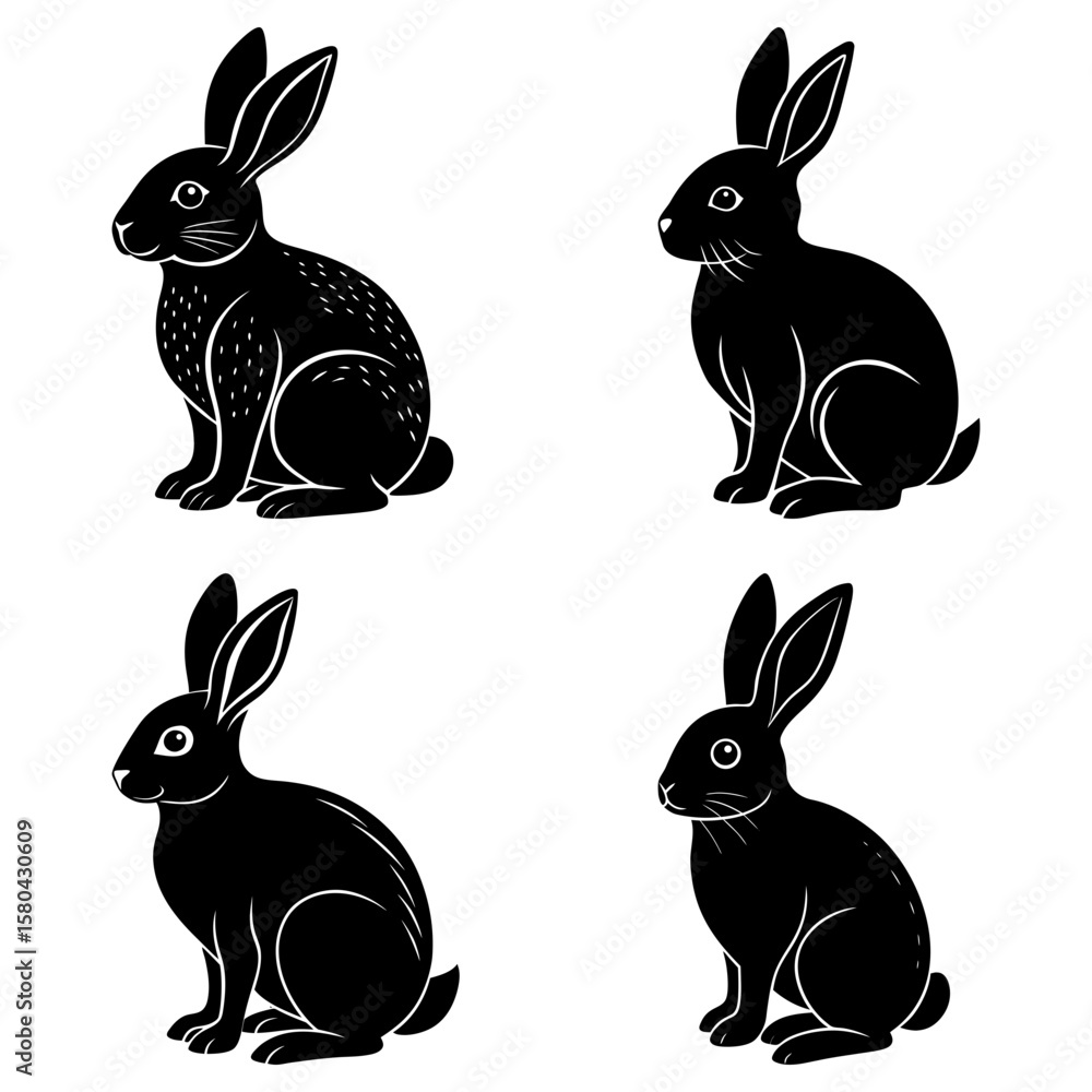 Fototapeta premium Four stylized black rabbits sitting upright in a grid pattern on a white background design element