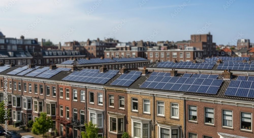 Fototapeta premium Residential Row Houses with Solar Panels on Roofs in Urban Neighborhood