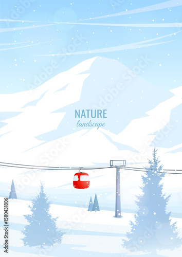 Winter mountain landscape. Snow-covered mountains and trees. Cable car with funicular, ski lift. Concept of winter sports, skiing and snowboarding. Vector illustration. Hand drawn, not AI.
