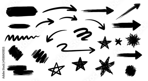 Line marker hand drawn brush arrow doodle set. Sketch pencil stroke vector graphic pen underline scribble icon. Hand drawn line star shape highlight marker shape. Vector illustration