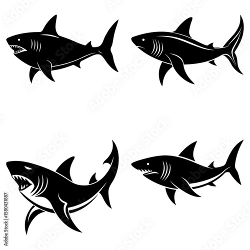 Four stylized black shark silhouettes swimming in different directions on a white background image art