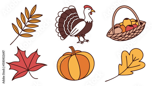 Illustration showing fall themed items including a turkey, basket, pumpkin, and assorted leaves