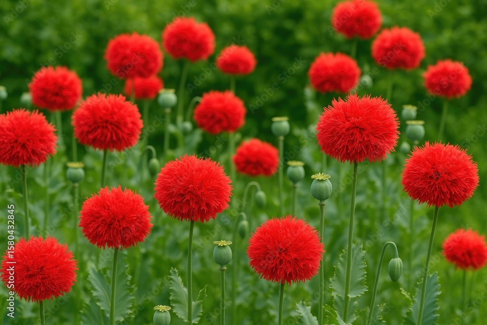 Vivid red poppy blossoms in a lush garden setting Vivid red poppy blossoms in a lush garden setting
