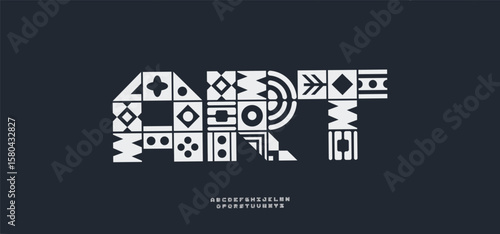 Tribal ethnic decorative font, folk pattern blocks letters. African, Aztec, Scandinavian, boho styles typography for ethnic artisan branding, cultural packaging, galleries, museum.Vector illustration.