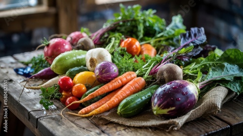 Vibrant veggies fresh harvest collection with multicolored heirloom vegetables including purple eggplant, orange carrots and cherry tomatoes on rustic wooden table