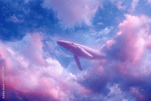 Pink whale floats in a pastel sky filled with clouds