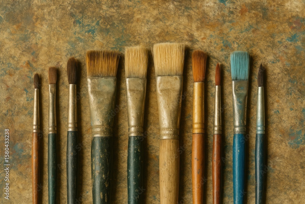 © TheWaterMeloonProjec - A detailed close-up of artist brushes arranged on an art table © TheWaterMeloonProjec - A detailed close-up of artist brushes arranged on an art table