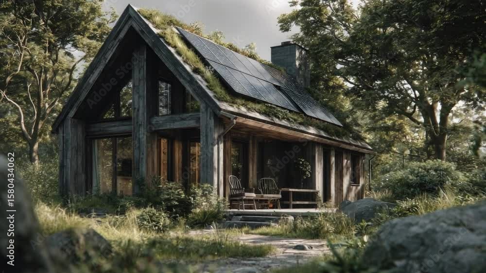 Rustic wooden house with solar panels on moss-covered roof amid lush trees and nature, eco-friendly home in forest setting, peaceful rural retreat Rustic wooden house with solar panels on moss-covered roof amid lush trees and nature, eco-friendly home in forest setting, peaceful rural retreat