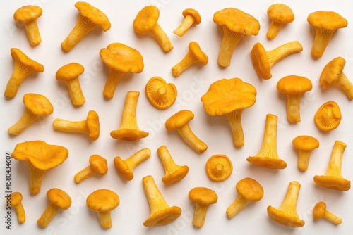 Fresh chanterelle mushrooms displayed from above on a white surface