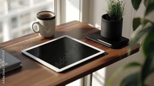 A wooden table with a cup of coffee, a tablet, a wireless charger, and a small plant.