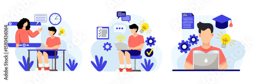 Online learning, students studying via laptop and video tutorials, digital education, virtual classroom, and e-learning technology vector flat illustration concept