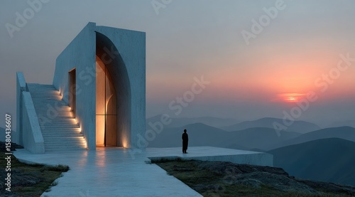 Hyper-Realistic Architectural Design in Studio Rzeal Style: Sunset View from Stairs with Mountains, featuring a Person and Pastel Lighting