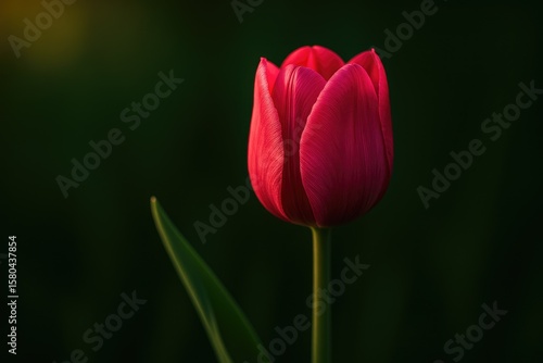 Deep green backdrop showcasing a raspberry tulip