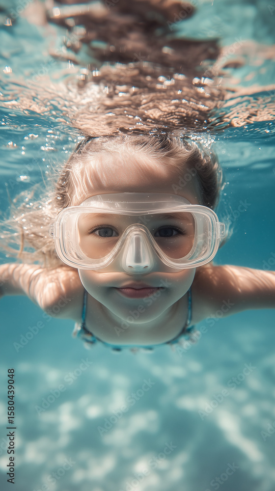 Fototapeta premium Toddler girl swimming underwater with goggles