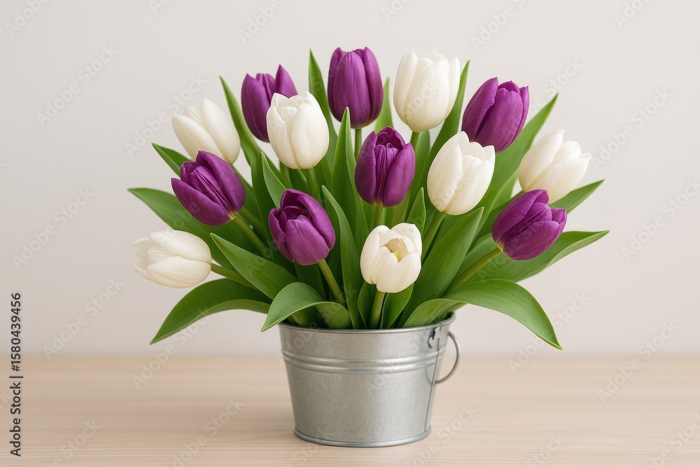 Easter floral arrangement featuring purple and white tulips in a bucket Easter floral arrangement featuring purple and white tulips in a bucket