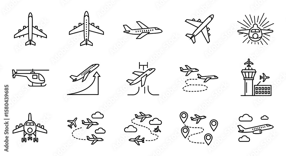 Fototapeta premium Aircraft icons set, travel and transportation concept isolated PNG with Transparent Background