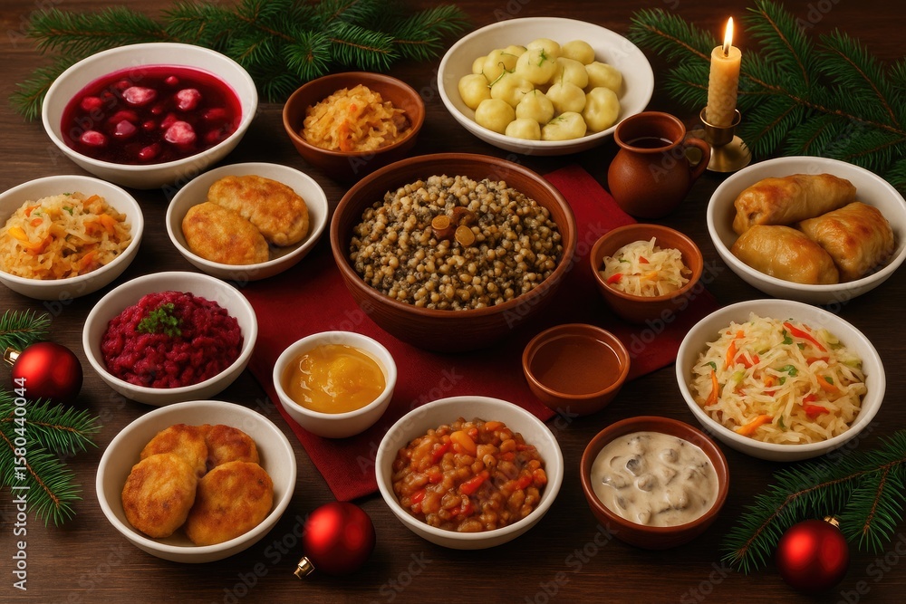 Traditional Slavic Orthodox Christmas Eve meal featuring 12 special dishes, observed on January 7th, including Kutia and beet salads Traditional Slavic Orthodox Christmas Eve meal featuring 12 special dishes, observed on January 7th, including Kutia and beet salads