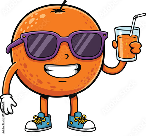 Cool Orange Fruit Character with Sunglasses Holding a Refreshing Glass of Juice, Happy Citrus Mascot Enjoying a Healthy Drink.