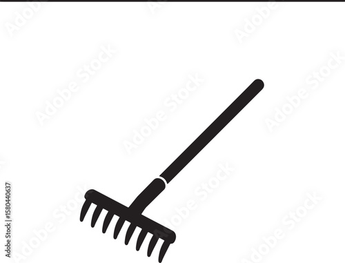 Simplified black silhouette of a garden rake isolated on a clean white background