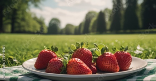 Fresh, bright strawberries in a bowl at a picnic