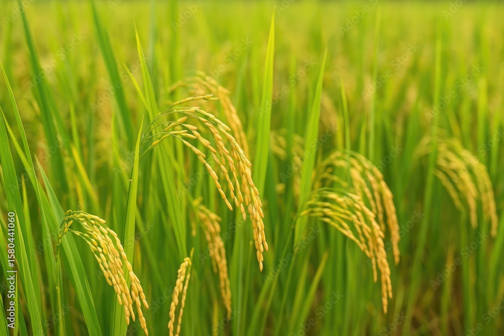 Golden grains thriving in lush rice paddies Golden grains thriving in lush rice paddies