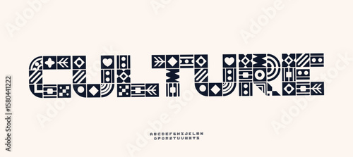 Tribal ethnic decorative font, folk pattern blocks letters. African Boho styles typography for ethnic cultural brand, educational, heritage, diversity or travel-themed content. Vector illustration.