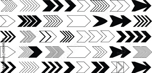 Collection of Black Chevron Arrow Icons, Indicating Direction, Progress, and Fast Forward Movement