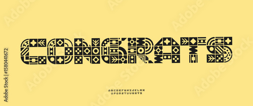 Tribal ethnic decorative font, folk pattern blocks letters. African, Aztec, Scandinavian, boho styles typography for ethnic cultural brand, celebration graphics, greeting cards. Vector illustration.