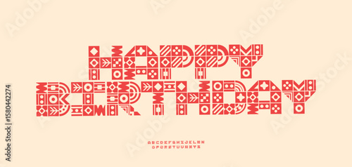 Tribal ethnic decorative font, folk pattern blocks letters. African, Aztec, Scandinavian, boho styles alphabet for ethnic packaging, invitation, birthday card, decorative typeset. Vector illustration.