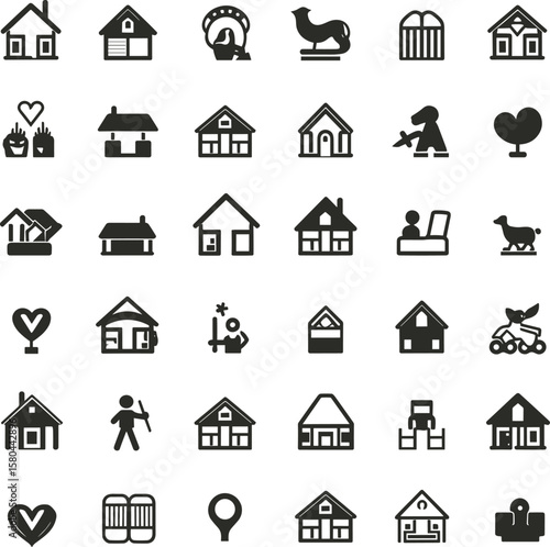 Black and white icon set of houses, farms, barns, love symbols, family, home, care, shelter, buildings, rural elements, child, tree, safety