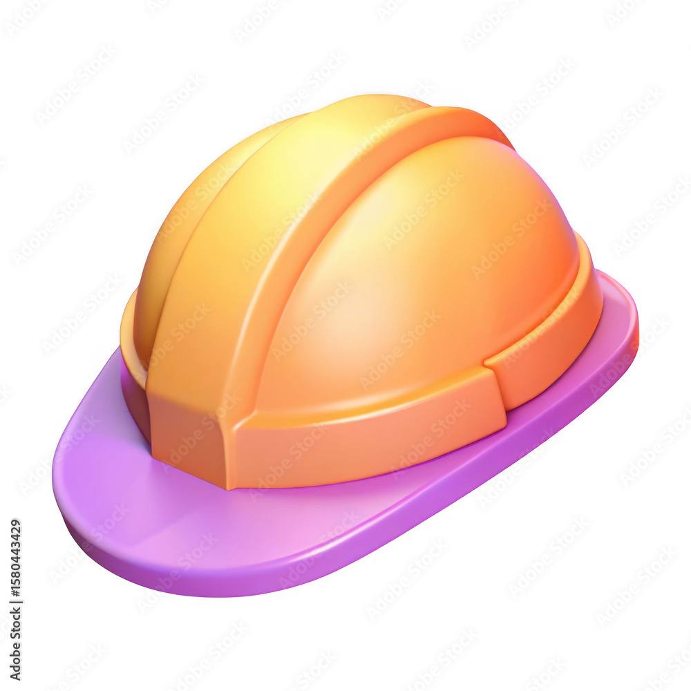 Fototapeta premium 3D hard hat safety helmet illustration, orange and purple construction hardhat graphic element for design projects isolated on Transparent Background