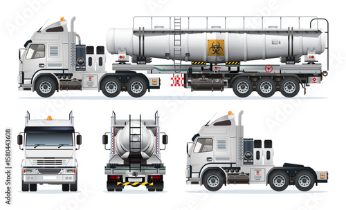 Semi trailer truck chemicals liquid tanker filled with toxic waste radioactive biological hazard 3D model view from various angles vector set illustration