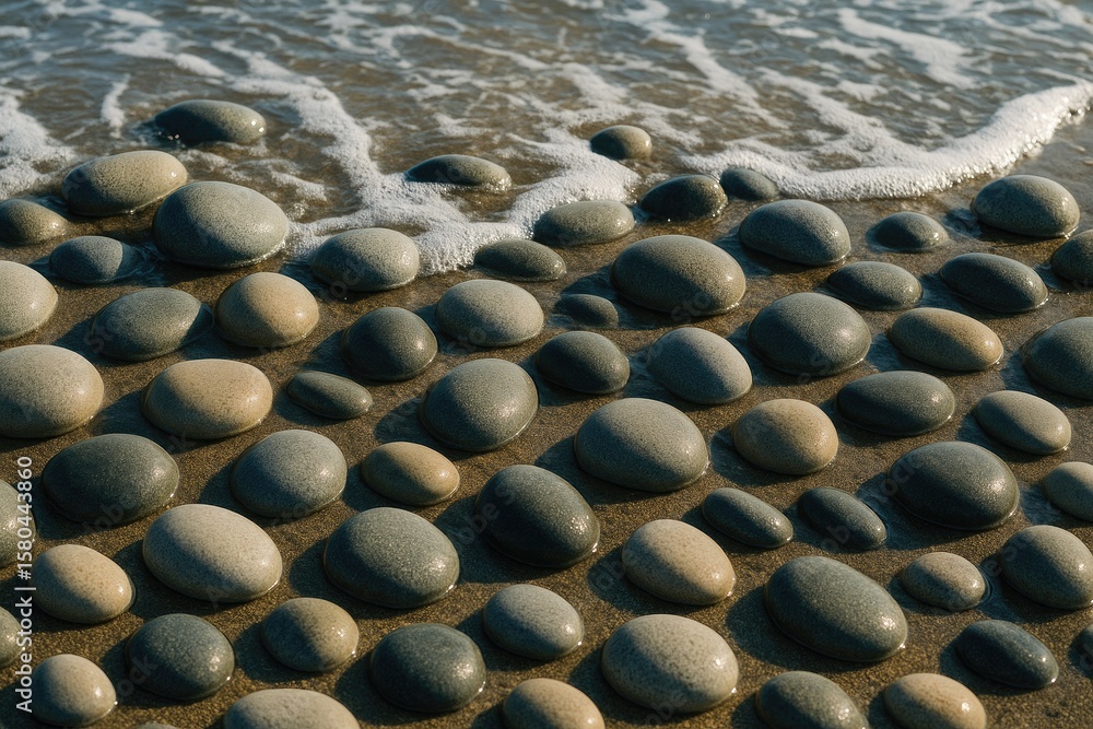 Obraz premium Pebbles with gentle curves lie across a shoreline as surf rushes over them