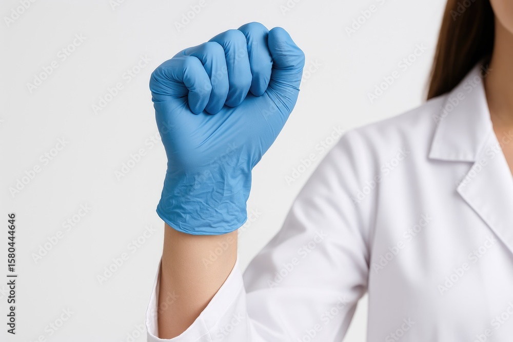 Fototapeta premium Elevated fist wearing blue medical nitrile gloves against a plain background