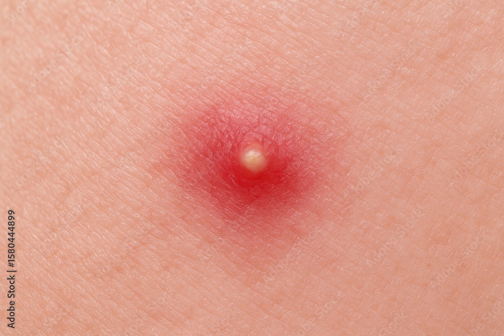 Fototapeta premium Close-up of a red facial pimple showing abscess and acne details