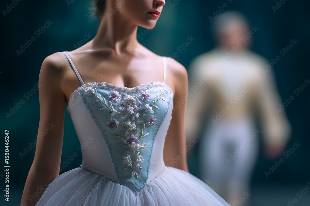 Fototapeta premium Graceful ballet dancer on dimly lit stage
