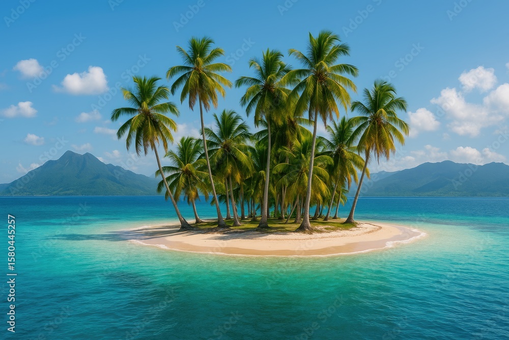 Fototapeta premium Lush island paradise with towering mountains and abundant palm trees