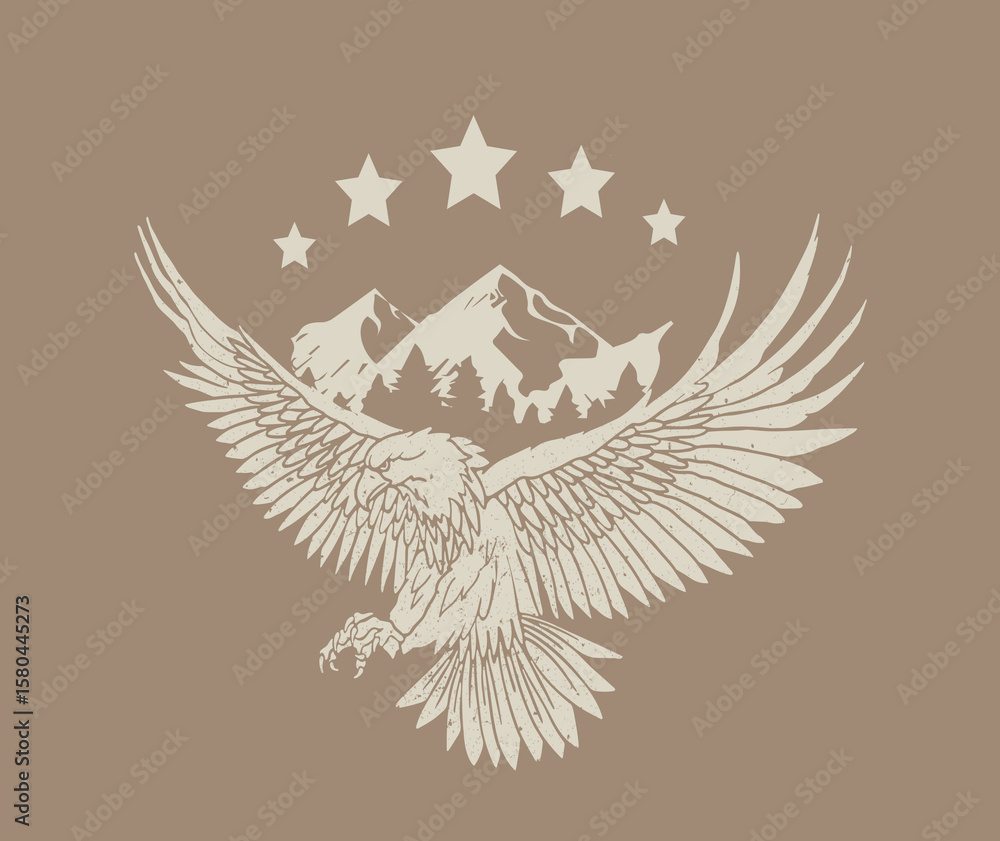 Fototapeta premium Eagle usa wild aspen california wreaf birds American hawk adventure vintage Varsity College Trending Graphic Tee t-shirt logo slogan artwork typography tote badge emblem crest biker green brown 