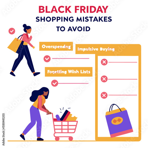 Black friday shopping mistakes to avoid illustration with shoppers and shopping list of mistakes