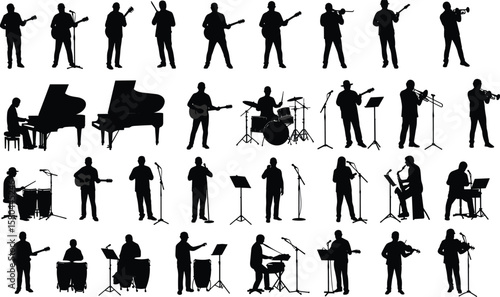 Silhouette vector illustration of musicians, band performance, jazz concert, instrumental players, singers, and live stage performers with various instruments