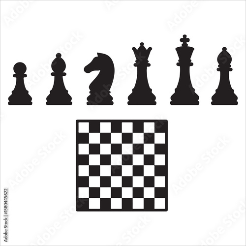 Black chess pieces arranged on a checkered chessboard in a strategic game setup